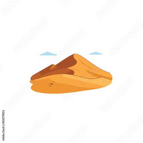 Stylized desert landscape illustration with rolling sand dunes beneath a clear sky, simple and