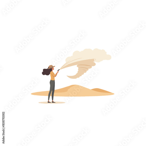 Woman in sandy dunes creating a whimsical dust devil effect using fabric manipulation with neutral