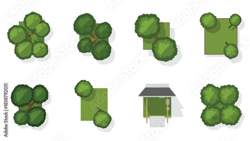 Architectural landscape elements top view flat design collection featuring various trees and a