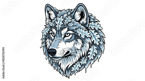 Intricate Wolf Head Illustration with Frozen Oak Leaves and Ice Crystals