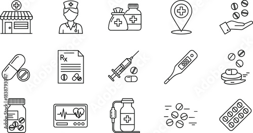Pharmacy, Medicine, and Healthcare Icon Set: Doctor, Prescription, Drug, Capsule, Syringe, Monitoring, and Medical Treatment Symbols for App