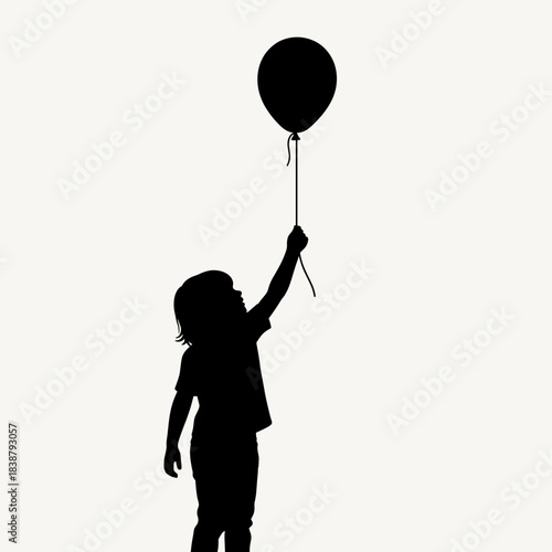 Little child silhouette holding balloon, reaching up, symbolizing childhood dreams, innocence, and freedom.