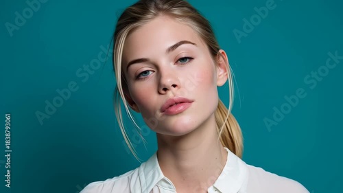 Confident Young Blonde Woman with Blue Eyes Posing Against a Contrasting Teal Background