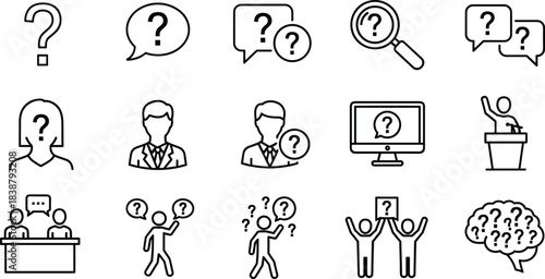 Question Mark and Customer Support Line Icons Set, FAQ Finding Information, Problem Solving, Speaker and Discussion, Brainstorming, Outline Vector Illustration.