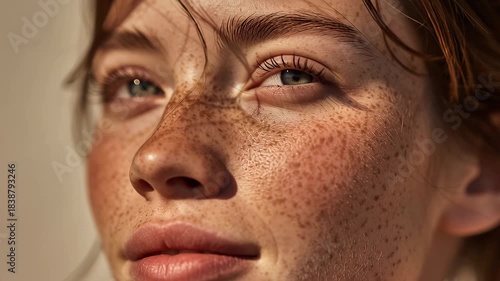 Natural Beauty of a Young Woman with Freckles and Wet Hair, Bathed in Soft Sunlight