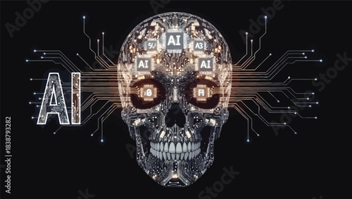 A futuristic robotic skull with circuit board patterns and glowing orange lines on a black background with the letters 'AI' on the left.