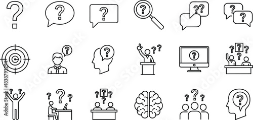 Question Mark, Problem Solving, and Thinking Icon Set: FAQ, Inquiry, Solution, Brainstorming, Answer, Learning, and Customer Support Help
