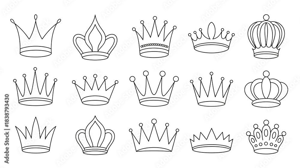 Fototapeta premium Collection of crown icons simple line art vector illustrations for royal or luxury themes isolated on white background