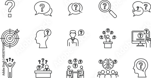 Questions and Answers Line Icons Vector Collection: Problem Solving, Research, Thinking, Idea Generation, Q&A, Confusion, and Strategy Symbols