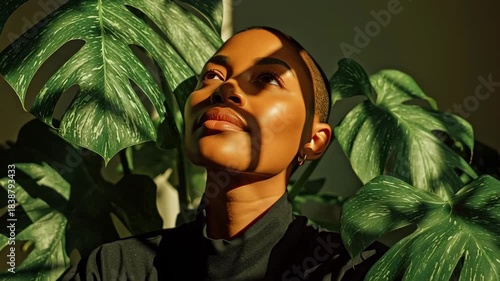Young Woman Enjoying Sunlight with Her Eyes Closed Amidst Lush Green Monstera Plants Indoors