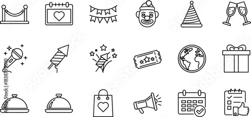 Set of linear vector icons for event planning, party celebration, birthday, holidays, entertainment, and festival organization, isolated on white background.