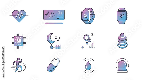 Digital health and wellness technology icons including smartwatches, AI, sleep, and medical monitoring.