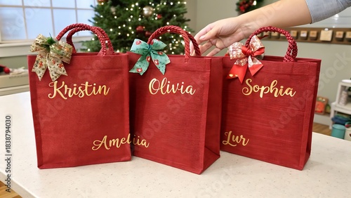 Photos Three personalized red glitter christmas gift bags with names and bows on white