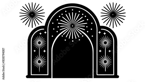 Stylized black and white illustration of an archway with starbursts and celestial decorations silhouette