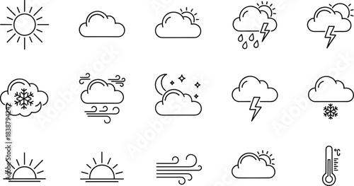 Weather Forecast and Climate Line Art Icon Set: Sun, Clouds, Rain, Snow, Wind, Storm, Temperature, Sunrise, and Daily Prediction Vector