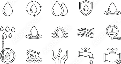 Water Conservation, Protection, and Supply Line Icons: Drop, Cycle, Tap, Flood, Leak, and Drought Vector Symbol Set,