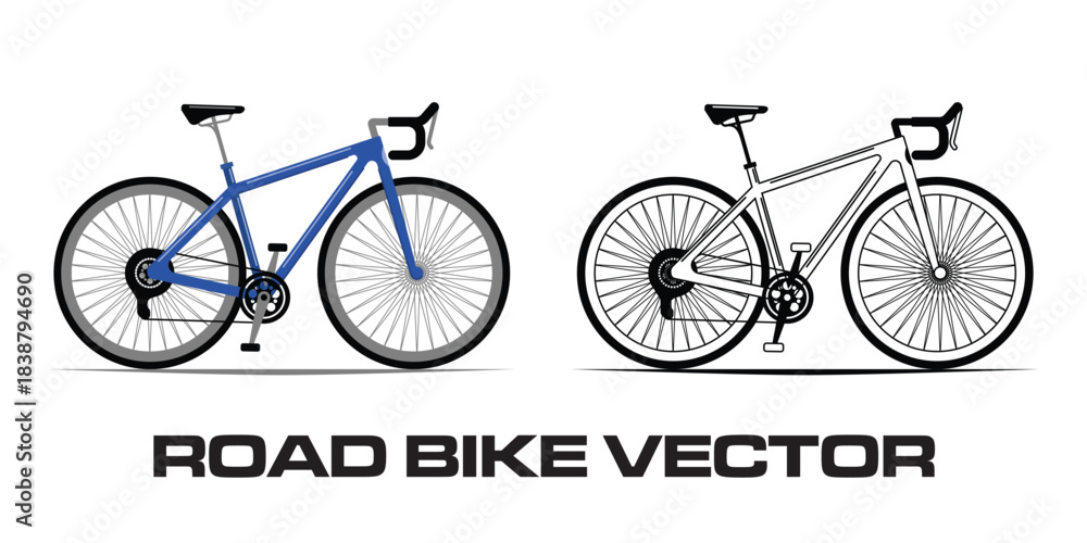Obraz premium road bike vector illustration, featuring two modern bicycle designs in full side view. The artwork shows a colored road bike and a monochrome outline version.