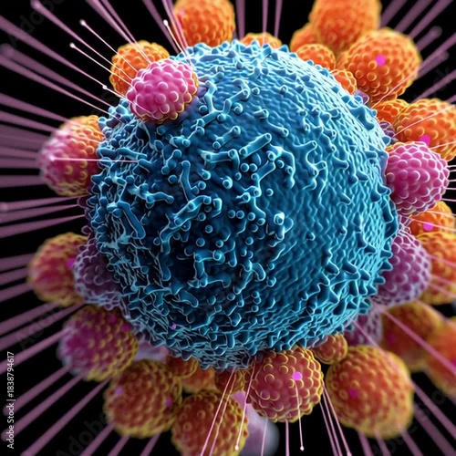 Microscopic Battlefield: An ultra-detailed and colorful illustration of a human cell under attack.