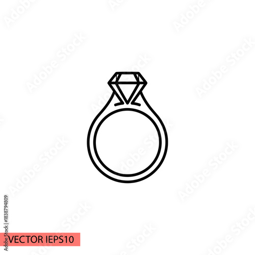 Line art icon of a diamond engagement ring, simple and elegant design.