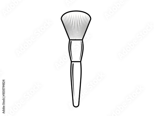 Black and white line art illustration of a cosmetic makeup brush with soft bristles and a sleek handle, used for applying powder or blush.