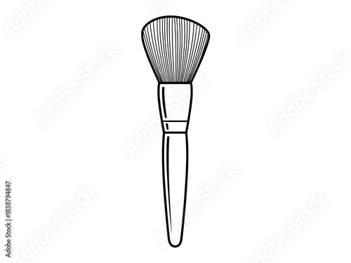 Black and white line art illustration of a single makeup brush with soft bristles and a handle, used for applying cosmetics.