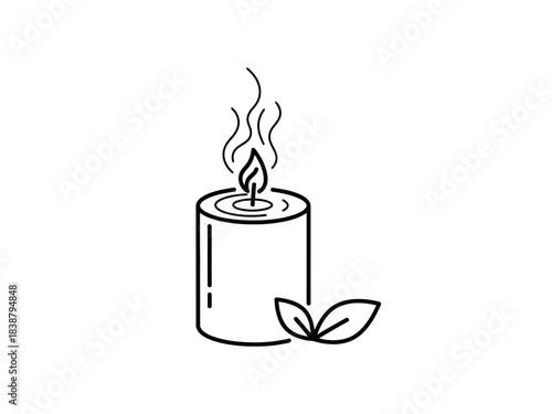 Minimalist line art illustration of a lit candle with a flickering flame and smoke, accompanied by two small leaves, symbolizing relaxation and natural fragrance.
