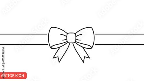 A minimalist black and white line art illustration of a decorative bow tied around a horizontal ribbon, often used for gifts or borders.