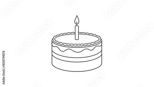 Line drawing of a birthday cake with a single lit candle on top, ready for a celebration.