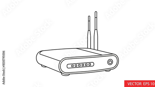 Line art drawing of a wireless internet router with two antennas and indicator lights.