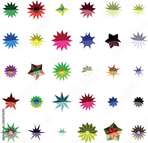 A Diverse Collection of Colorful Starburst and Spiky Floral Shapes