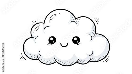 A cute, happy cartoon cloud with big eyes and a smiling face, drawn in a doodle style.