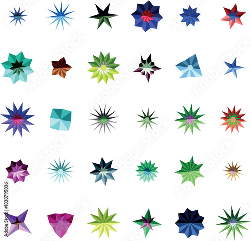 Colorful Array of Abstract Geometric Star Patterns and Intricate Designs