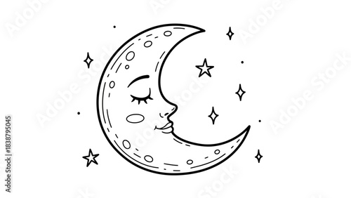 Whimsical sleeping crescent moon with a serene face surrounded by twinkling stars, line art drawing.