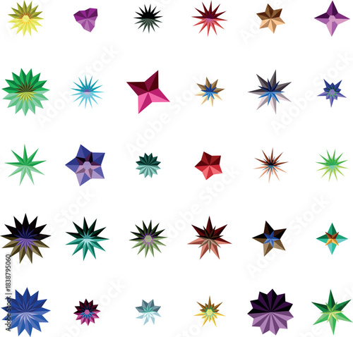 Diverse Colorful Geometric Star Shapes Faceted Or Spiky Isolated White Background
