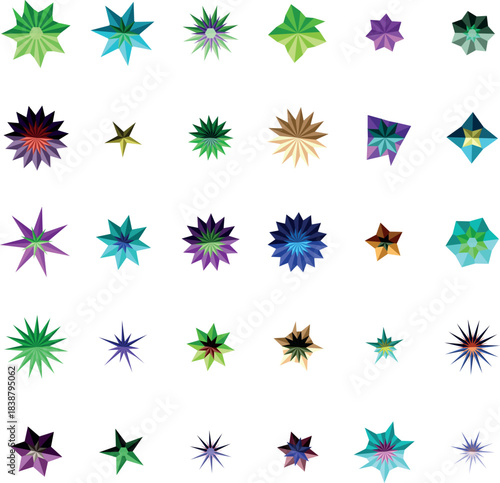 A Vibrant Collection of Colorful Geometric Star Shapes on a White Background
