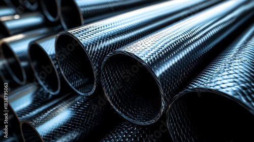 Close-up view of textured carbon fiber tubes.
