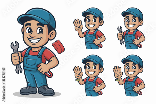 Professional cartoon repairman worker mascot set, smiling friendly technician character wearing overalls and holding a wrench or spanner, offering automotive maintenance and plumbing service illustrat
