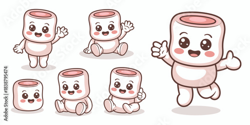 Adorable kawaii marshmallow character collection presenting various happy poses, standing, waving, sitting, and giving thumbs up, cheerful sweet treat mascot for bakery branding, children's products,