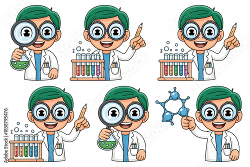 Cute young scientist boy character set conducting innovative chemistry experiments in a laboratory, holding equipment like test tubes, magnifying glass, and molecule model for engaging STEM education
