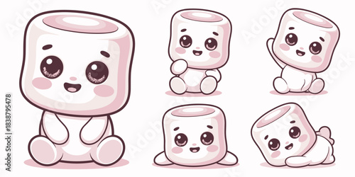 Collection of adorable kawaii marshmallow cartoon characters in various playful poses, including sitting, waving, and rolling, designed as sweet dessert mascots for cheerful kids' marketing, graphic d