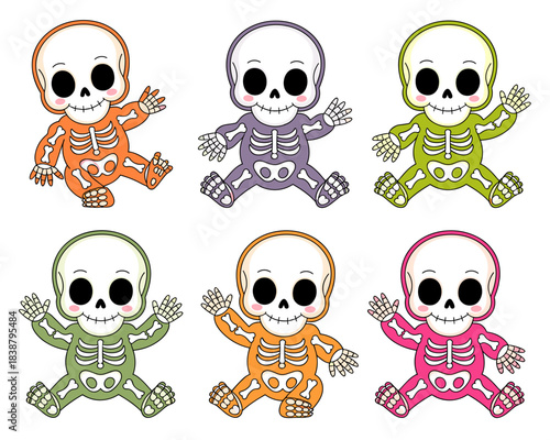 Adorable baby toddler skeletons in vibrant colorful Halloween costumes, a cheerful group of six cartoon characters sitting and waving hello, cute vector graphic illustration isolated on white for kids