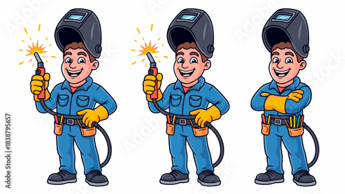 Confident cartoon welder tradesman character mascot illustration in blue overalls and yellow gloves, holding a torch with bright sparks or standing professionally, representing skilled industrial labo