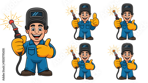 Happy cartoon welder tradesman in blue overalls and safety gloves, holding a sparking MIG torch and giving a confident thumbs up gesture, perfect vector illustration for service, repair, maintenance,