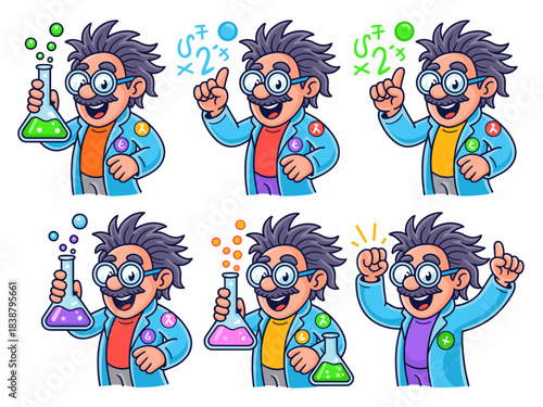 Vibrant cartoon scientist professor mascot illustration showing six different poses of experimentation, discovery, research, and brilliant Eureka idea success, using chemical flasks for educational, t
