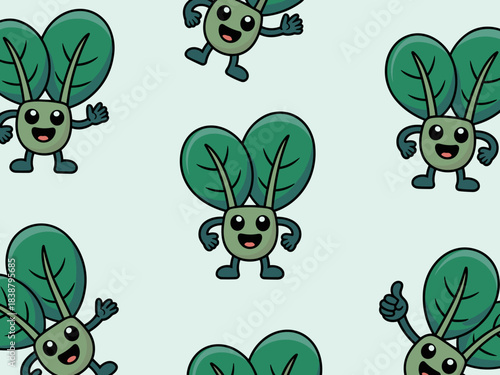 Cheerful kawaii green vegetable mascots creating a fun seamless repeating pattern background, delightful vector illustration for organic food packaging, healthy nutrition awareness, children's educati