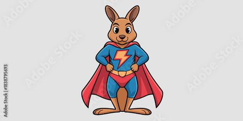 Brave kangaroo mascot character, a heroic bunny illustration standing in a powerful stance, wearing a blue and red superhero costume with a lightning bolt symbol and flowing cape, representing speed,