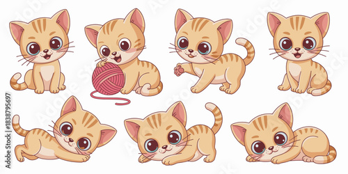 Cute playful baby ginger kittens and sweet orange tabby cats posing, sitting, and relaxing, isolated vector illustration graphic design elements, seamless pattern resource for children's books, family
