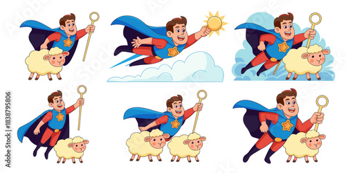 Cheerful cartoon superhero shepherd flying through the sky, vigilantly protecting his fluffy sheep flock with a golden staff, illustrating modern concepts of strong leadership, guidance, divine protec