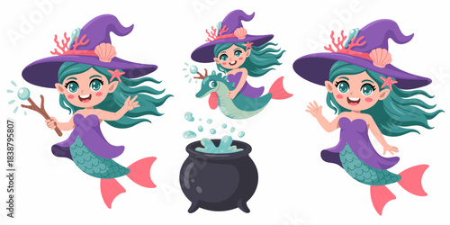 Adorable cartoon sea witches character set, happy young mermaid creatures wearing purple pointed hats adorned with nautical shells and coral, performing aquatic magic, riding a friendly seahorse above