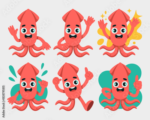 Six cute cartoon squid character mascots vector set showing happy smiling faces and friendly waving, pointing, and thumbs up gestures. Playful cephalopod marine animal illustration collection perfect